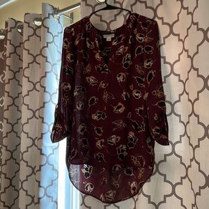 Silky fabric formal wear shirt, burgundy in color with Black and Tan flowers.